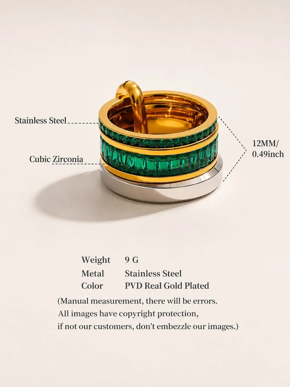 Gold & Silver Tone Ring with Emerald Green Stones